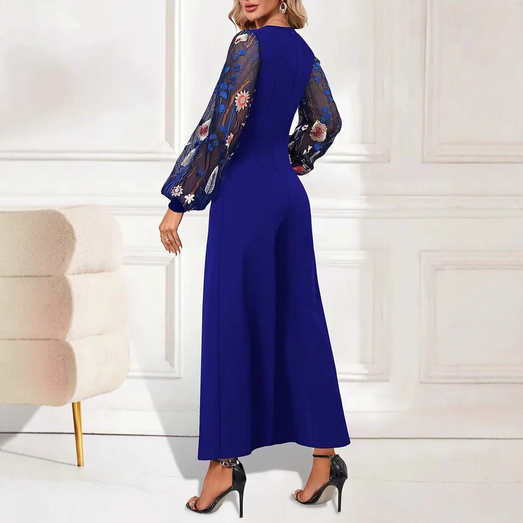 Damen elegante Jumpsuit mit floralen Spitzenärmeln und weitem Bein W&W Mode