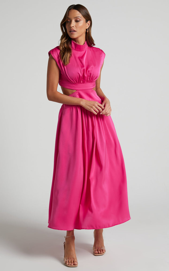 Damen elegantes Maxikleid mit hohem Kragen und seitlichen Cut-Outs W&W Mode