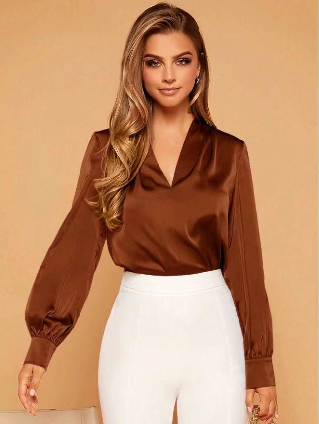 W&W Mode | V-Ausschnitt Langarm Satin Bluse