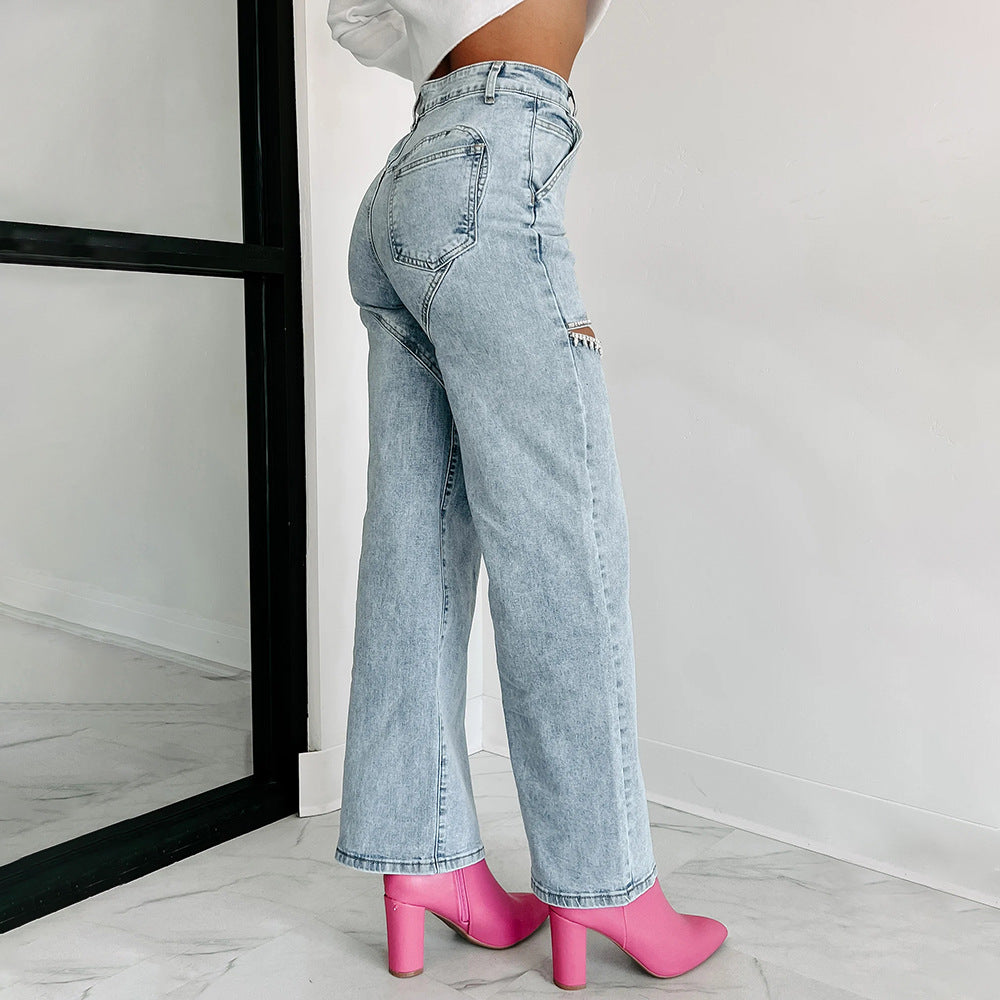 W&W Mode | Lässige Nieten Ripped Straight Leg Damen Jeans