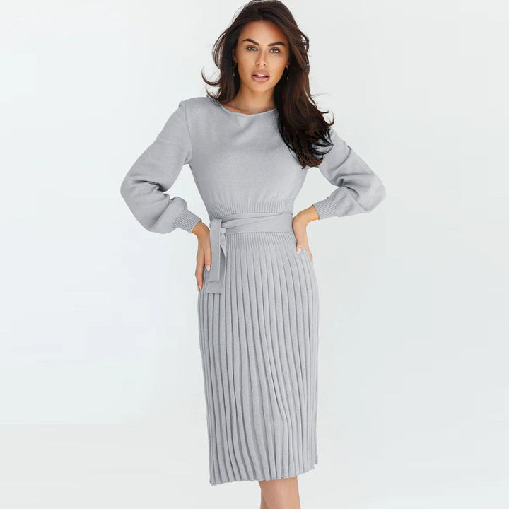 Damen Strickkleid mit taillierbarem Gürtel und langen Ärmeln W&W Mode
