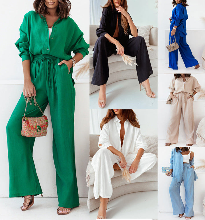 Damen elegantes und luftiges Zweiteiler-Set mit weit geschnittenen Hosen und angesagtem Hemd W&W Mode