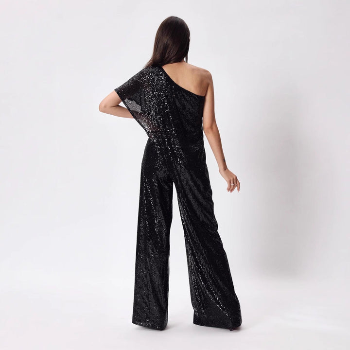 Damen Einseitiger Pailletten Jumpsuit mit weiter Hose W&W Mode