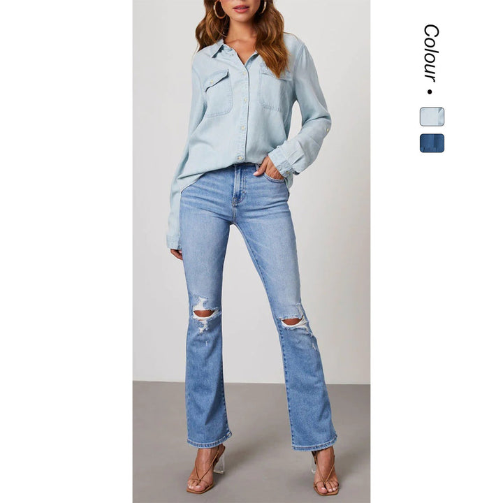 Damen Denim-Hemd mit umschlagbaren Ärmeln und zwei Brusttaschen W&W Mode