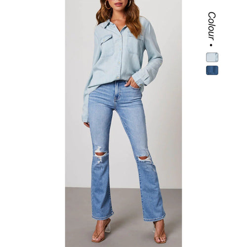 Damen Denim-Hemd mit umschlagbaren Ärmeln und zwei Brusttaschen W&W Mode