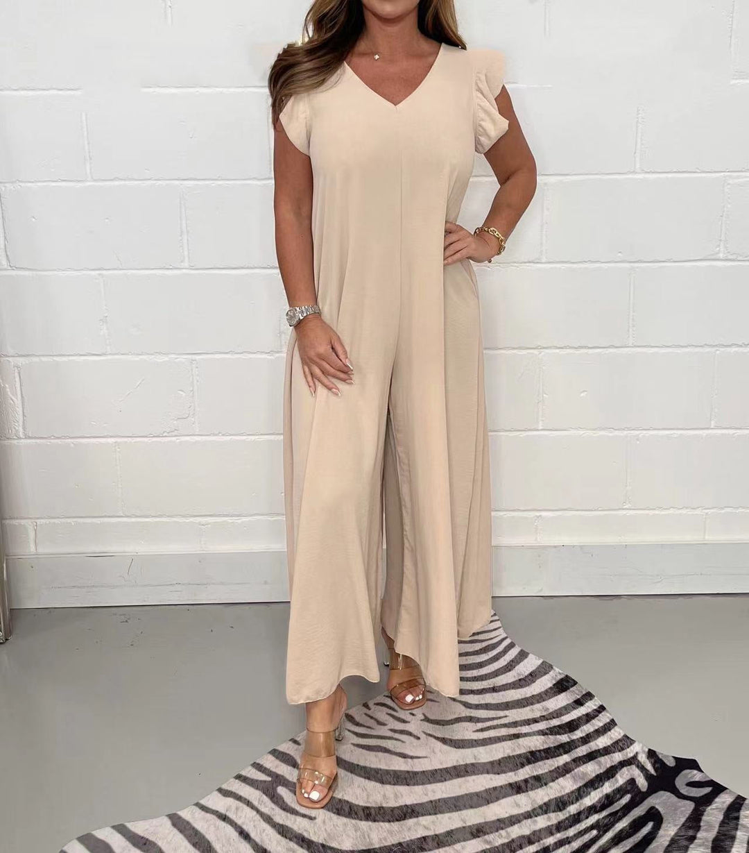 Damen gehobener Jumpsuit mit voluminösen Rüschenärmeln und V-Ausschnitt W&W Mode