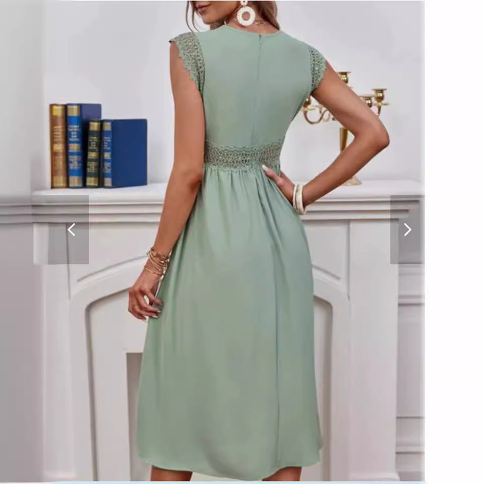 Damen-Midikleid mit V-Ausschnitt, Spitze und kurzen Ärmeln