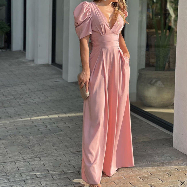 Damen Puffärmel Jumpsuit mit tiefem V-Ausschnitt und weiten Beinen W&W Mode