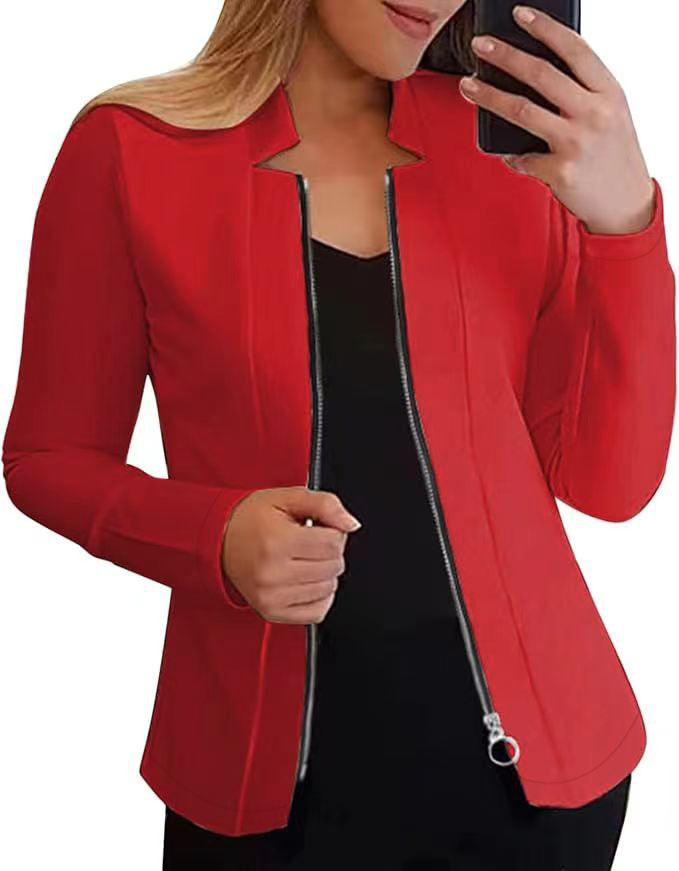 Damen modische und elegante Bikerjacke mit figurbetonendem Schnitt und hohem Kragen W&W Mode