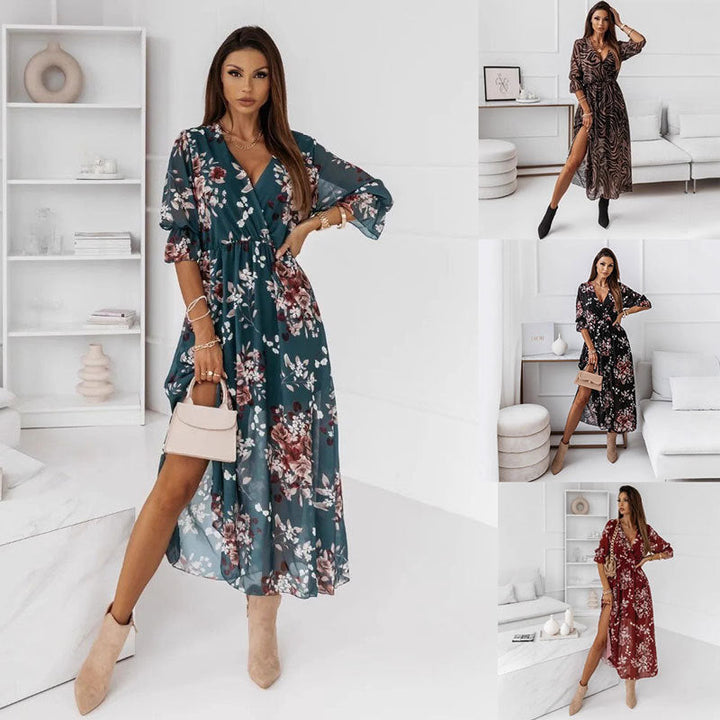 W&W Mode | Kurzarm Split Chiffon Bedrucktes Maxikleid
