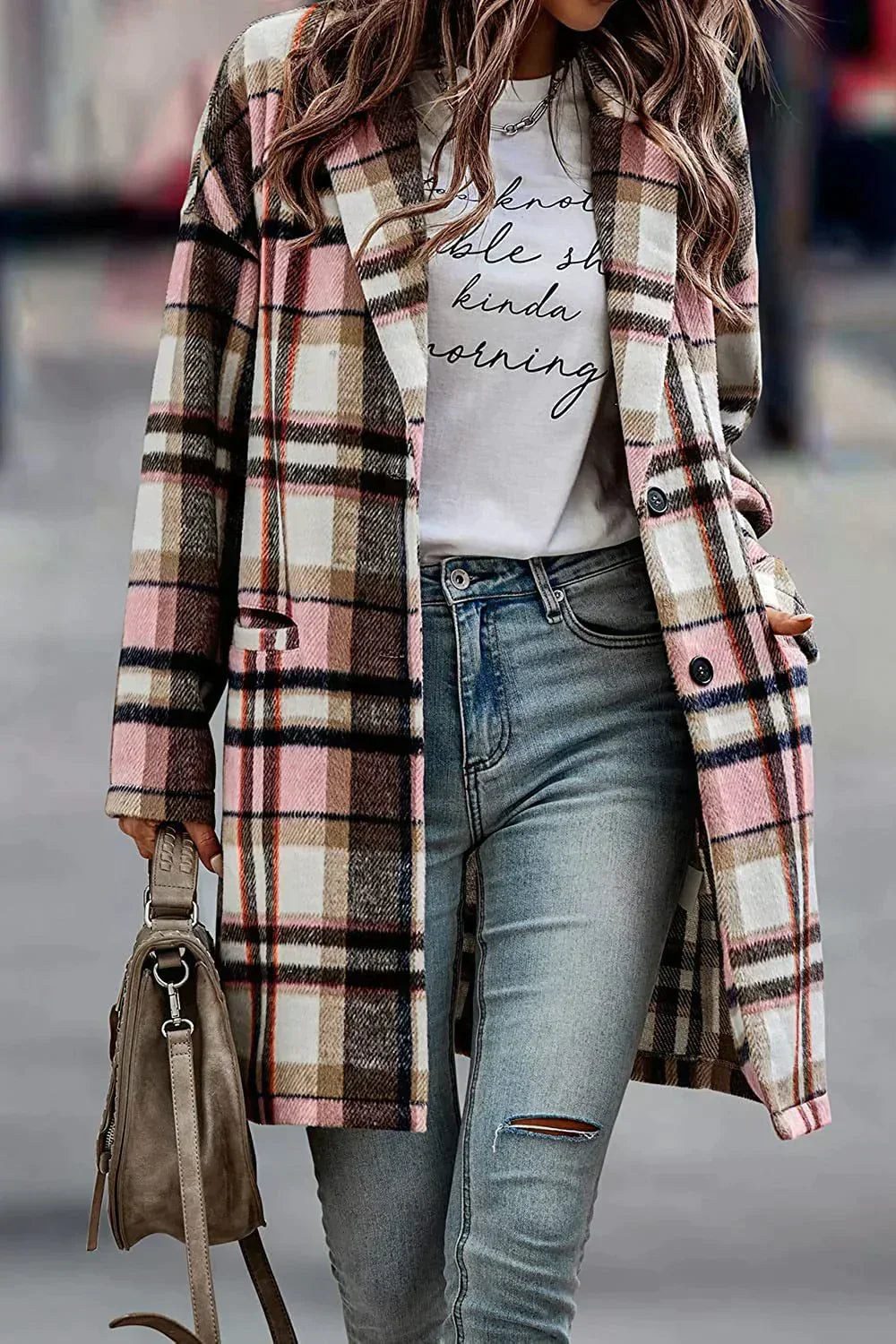 W&W Mode | Lässiger Wollmantel mit Revers-Taschen und Karomuster für Damen | Stilvoll und Bequem