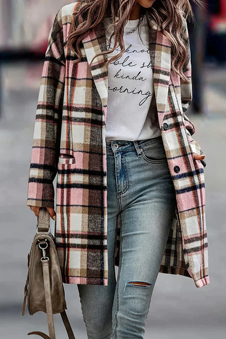 W&W Mode | Lässiger Wollmantel mit Revers-Taschen und Karomuster für Damen | Stilvoll und Bequem