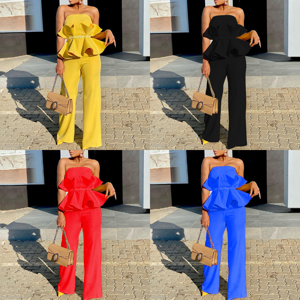 Damen Jumpsuit mit voluminösem Rüschendesign und schulterfreiem Oberteil W&W Mode