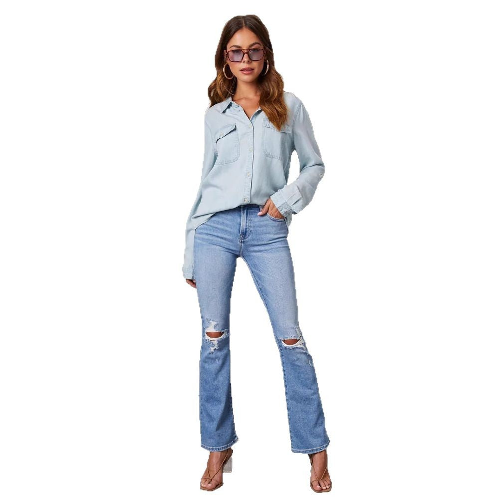 Damen Denim-Hemd mit umschlagbaren Ärmeln und zwei Brusttaschen W&W Mode