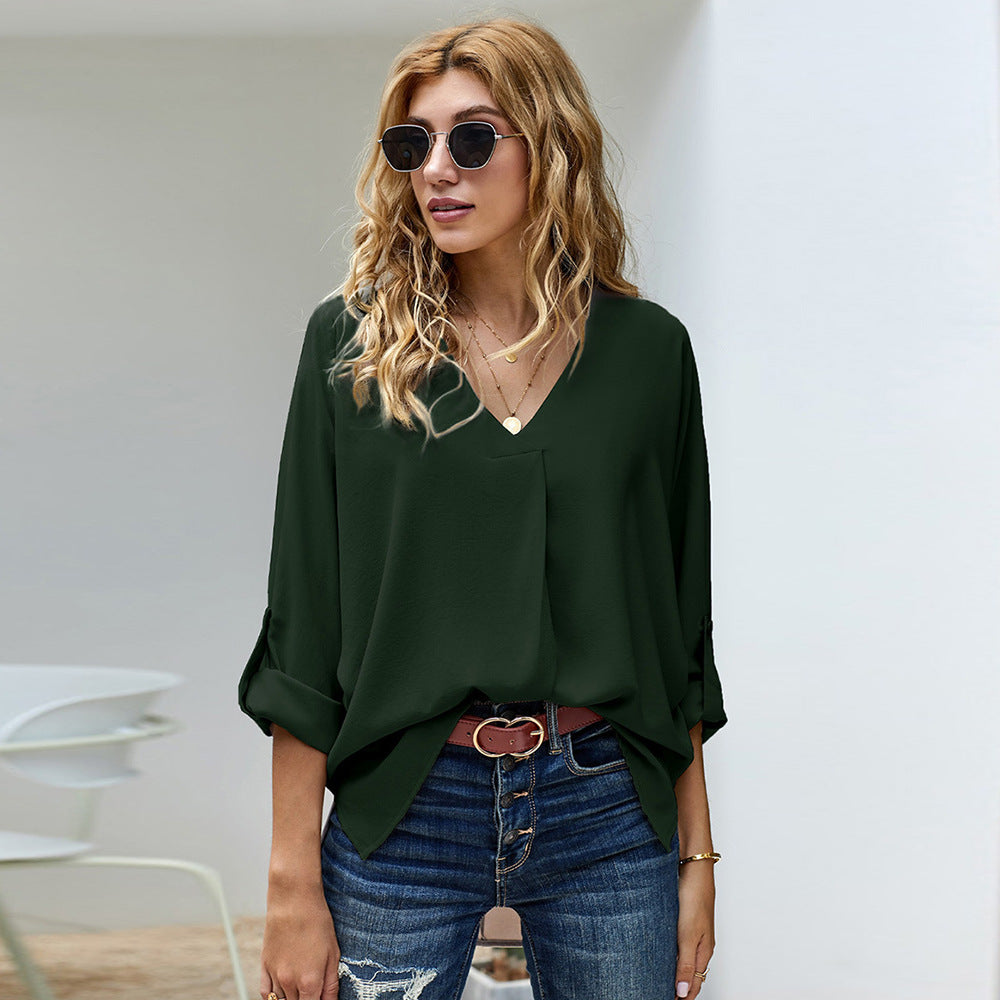 Damen Bluse mit V-Ausschnitt und lässigen langen Ärmeln W&W Mode
