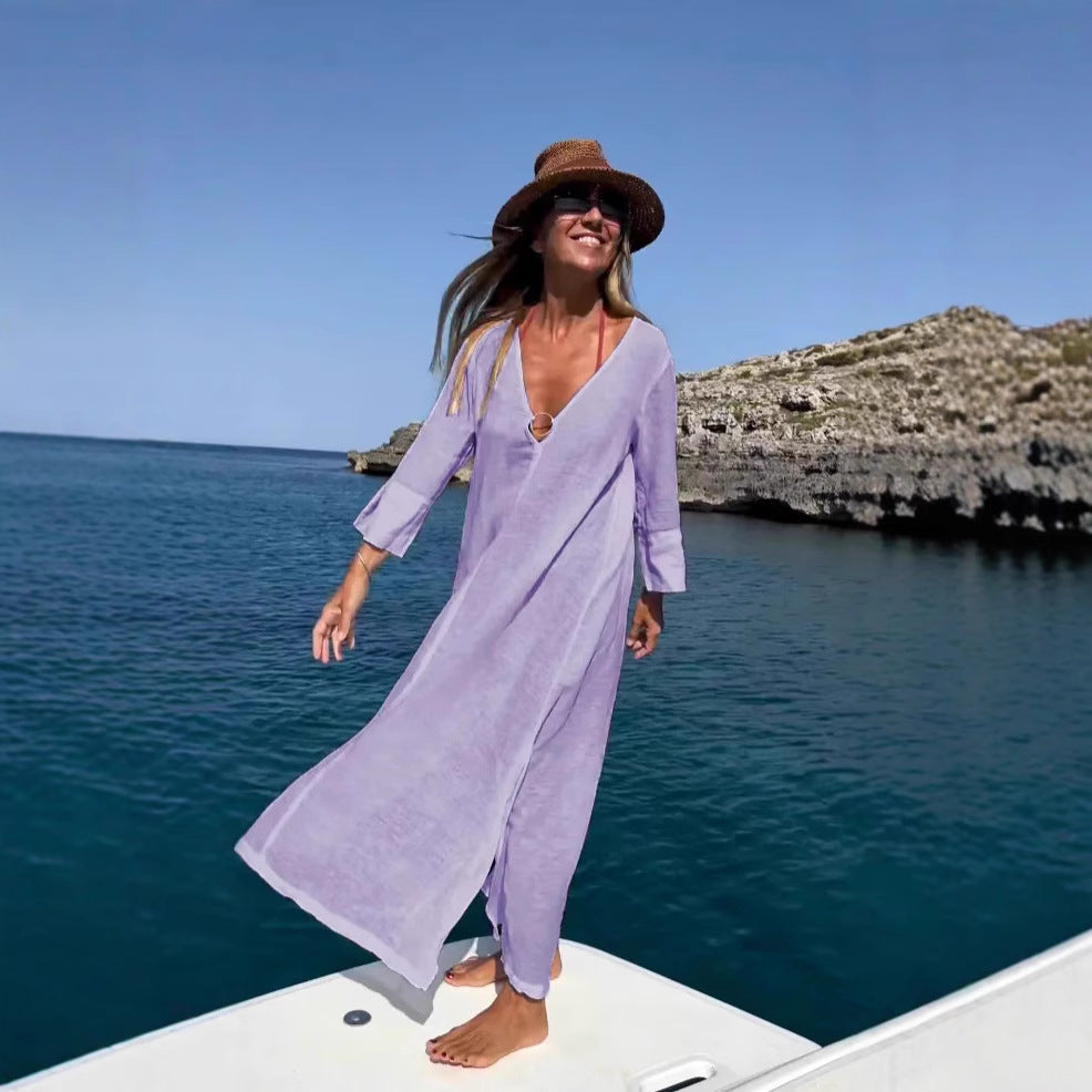W&W Mode | Lockeres Baumwoll-Leinen Strand-Schutzkleid langer Länge