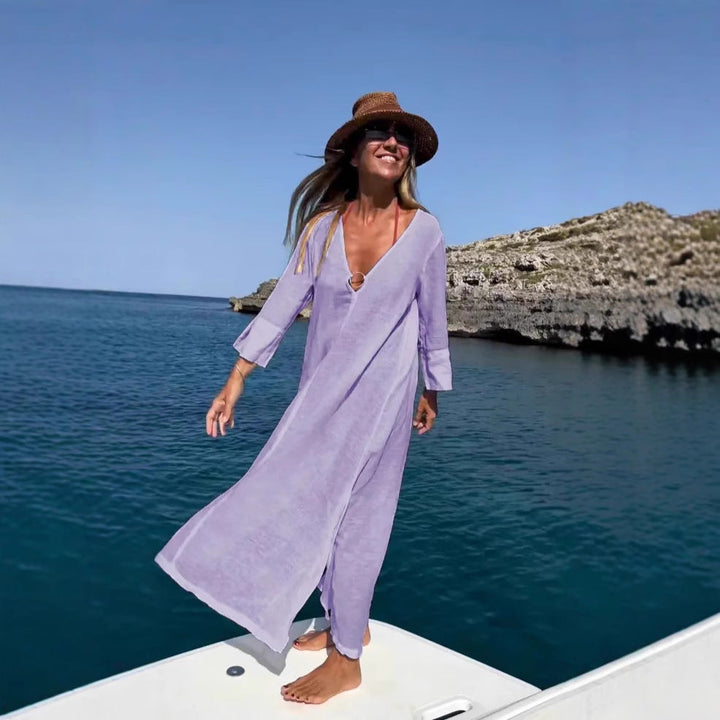 W&W Mode | Lockeres Baumwoll-Leinen Strand-Schutzkleid langer Länge