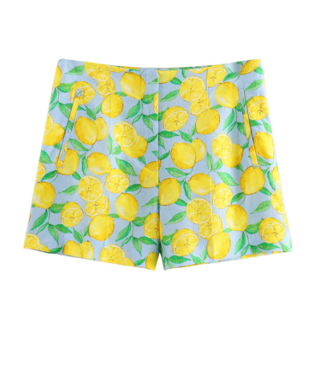 Damen Stoffshorts mit fröhlichem Zitronenprint und seitlichen Eingrifftaschen W&W Mode