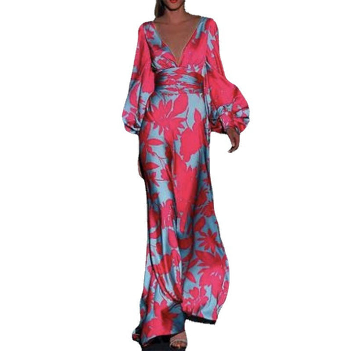 Damen Elegantes Maxi-Jumpsuit mit floralen Mustern und tiefem V-Ausschnitt W&W Mode