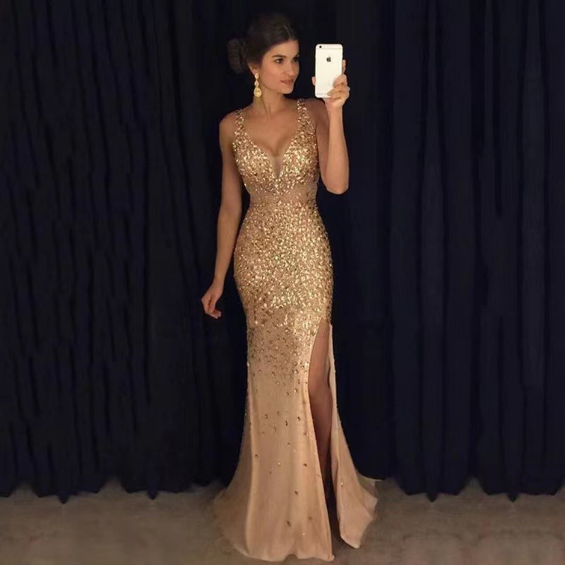 W&W Mode | Schlitz Goldfolie Lange Abendkleid