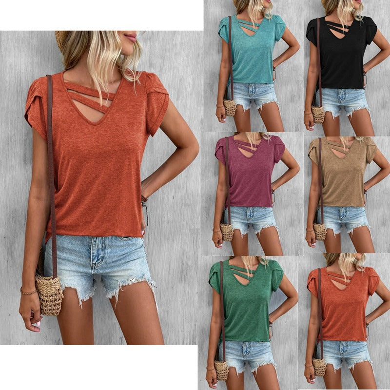 Damen lässiges Kurzarm T-Shirt mit einzigartigem Kreuz-Ausschnitt W&W Mode