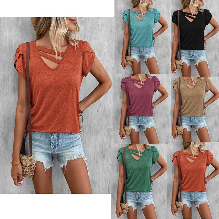 Damen lässiges Kurzarm T-Shirt mit einzigartigem Kreuz-Ausschnitt W&W Mode