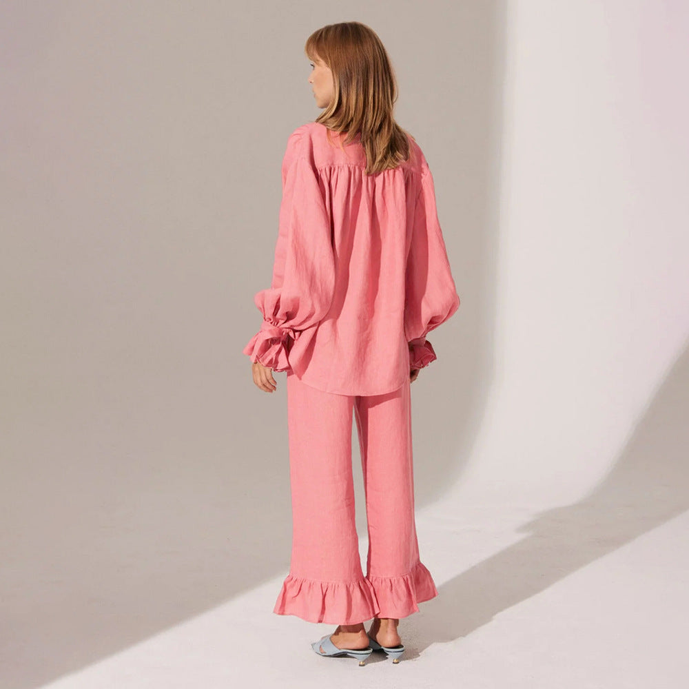 Damen Lässiges Leinen-Ensemble mit Rüschendetails W&W Mode