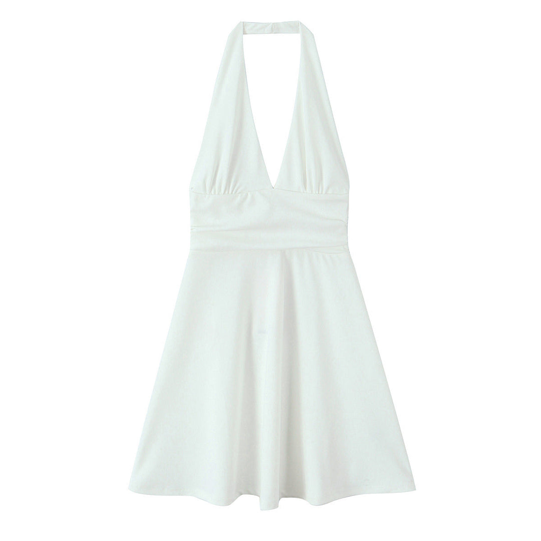 Damen Halterkleid mit tiefem V-Ausschnitt und fließendem Rock W&W Mode