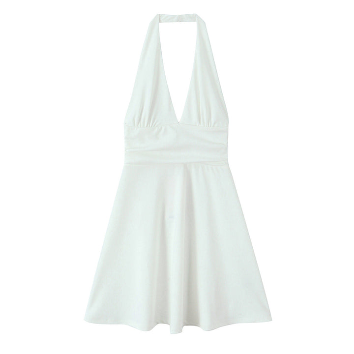 Damen Halterkleid mit tiefem V-Ausschnitt und fließendem Rock W&W Mode