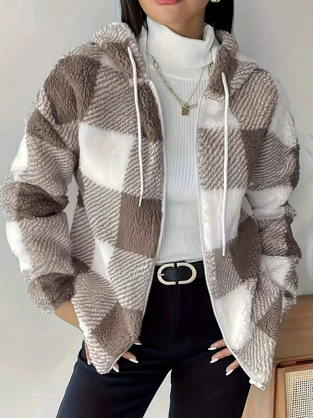 W&W Mode | Kariert Teddy Hoodie Jacke | Warm und Bequem für den Winter