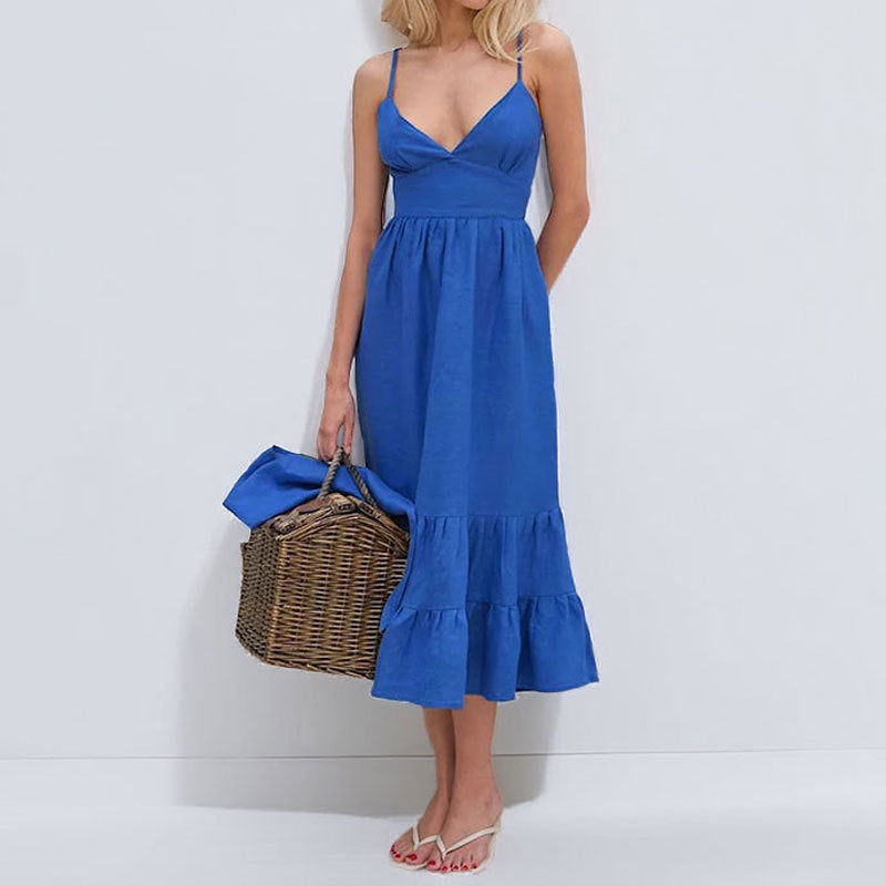 Damen Midikleid mit elegantem V-Ausschnitt und lässigem Rüschensaum W&W Mode