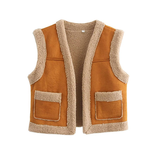 Damen Teddy-Weste mit praktischen Taschen und hohem Kragen W&W Mode