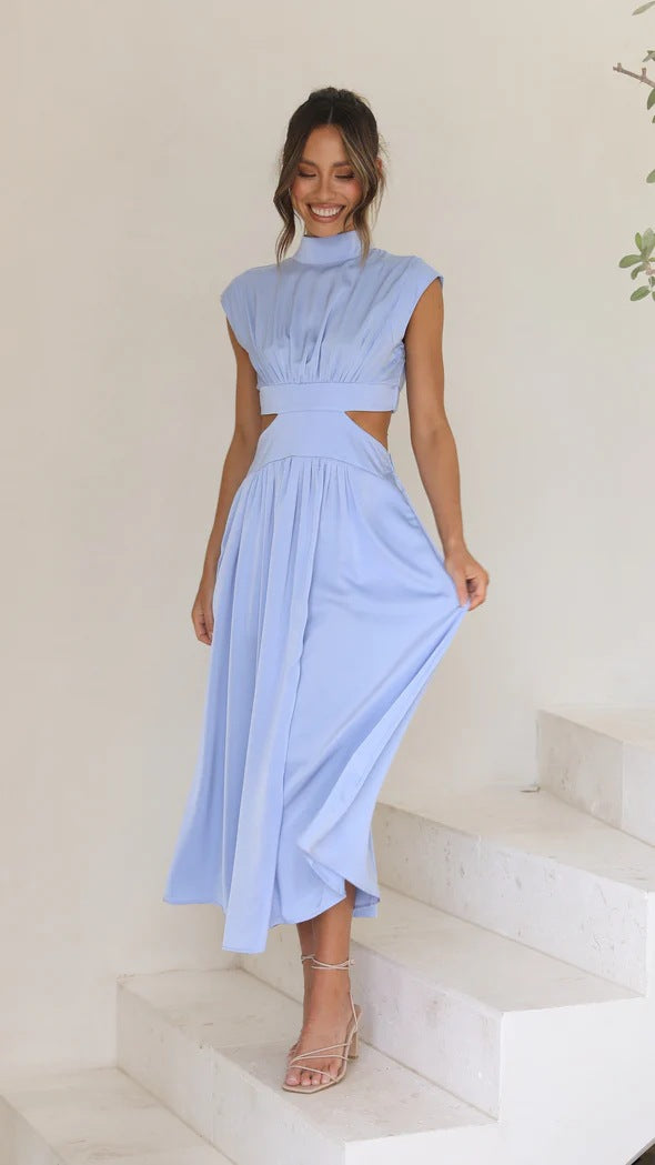 Damen elegantes Maxikleid mit hohem Kragen und seitlichen Cut-Outs W&W Mode