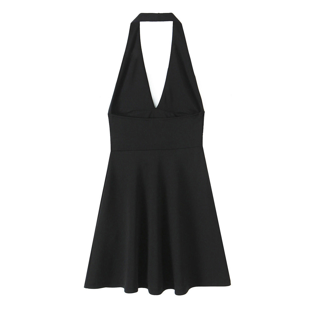 Damen Halterkleid mit tiefem V-Ausschnitt und fließendem Rock W&W Mode