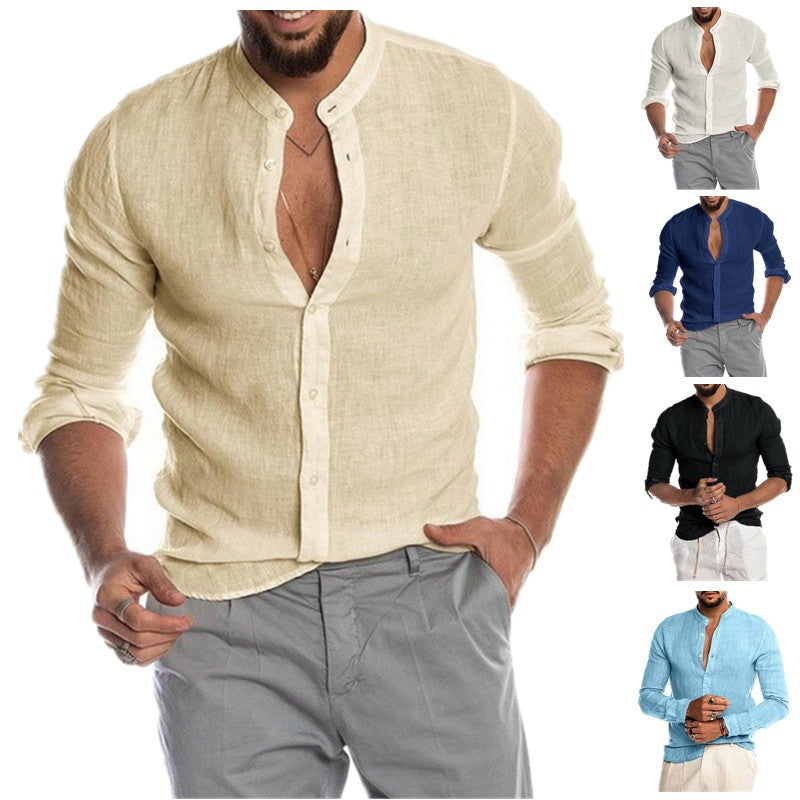 Herren lässiges Leinenhemd mit modischem Henley-Ausschnitt und hochwertiger Knopfdetail W&W Mode