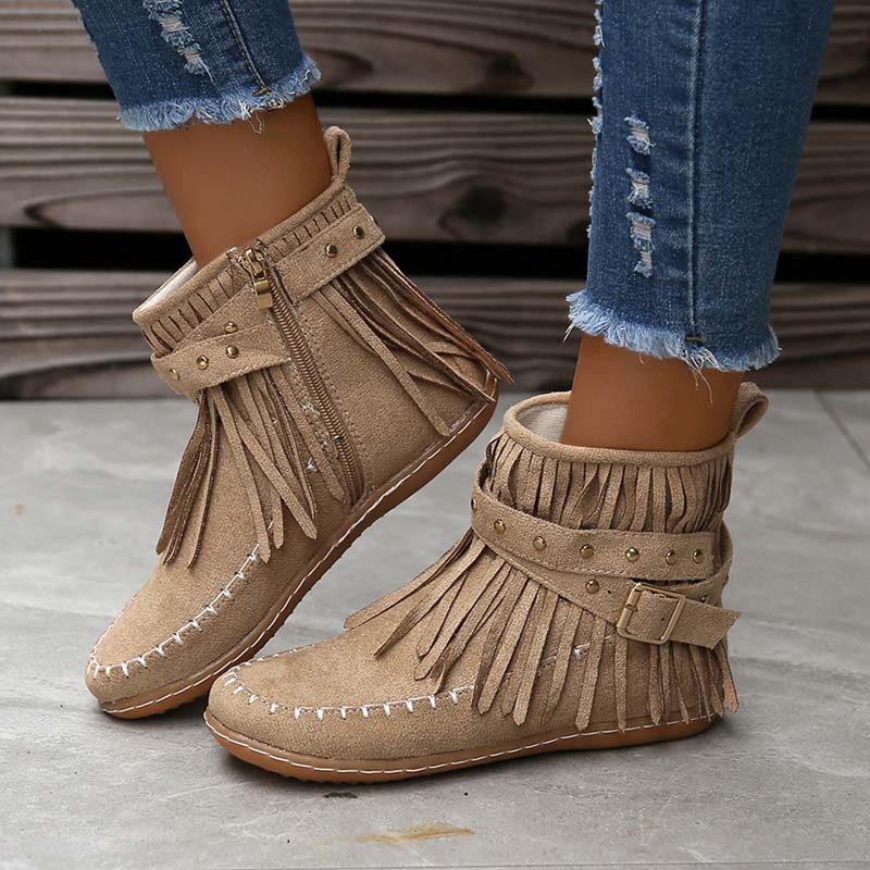 W&W Mode | Boho Stiefelette Mit Fransen Und Schnallen Für Damen
