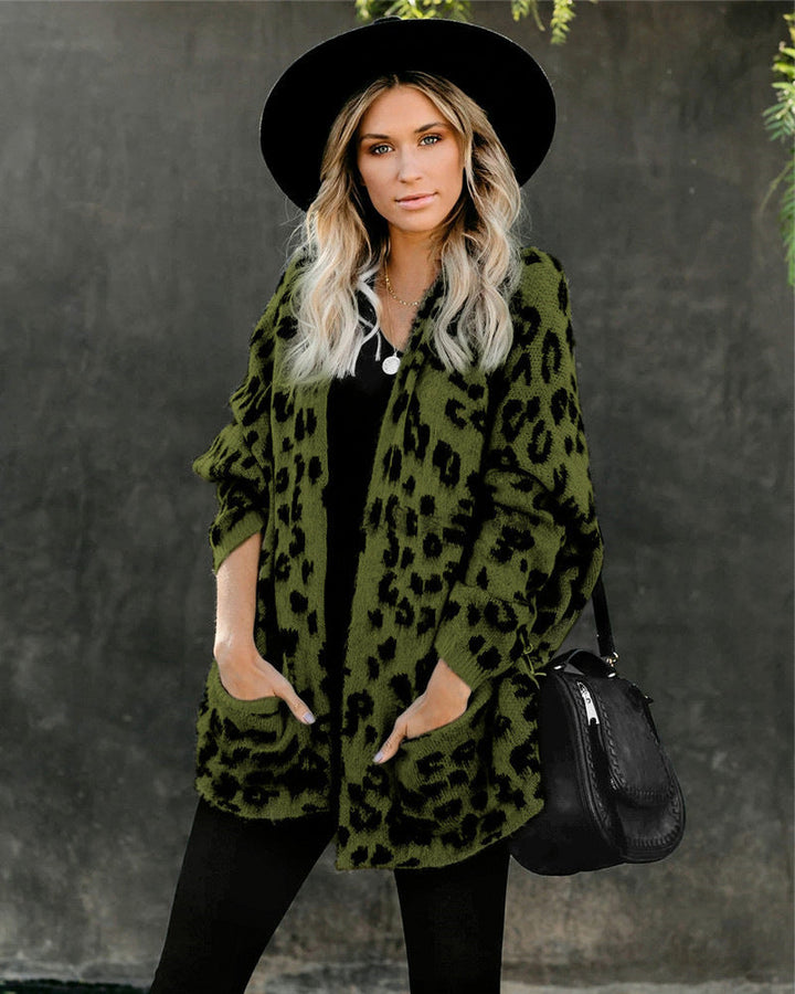 Damen lässiger Strickmantel im Leopardenmuster mit bequemem Schnitt und Taschen W&W Mode