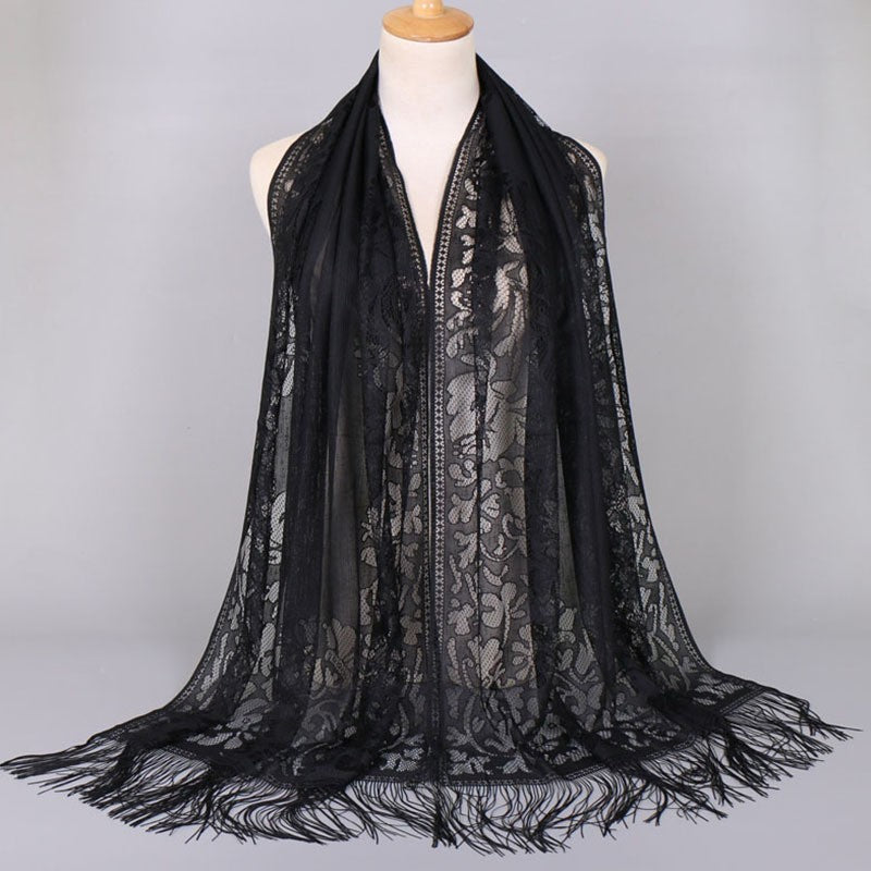 Damen Langer Spitzen-Schal mit fransten Abschlüssen W&W Mode