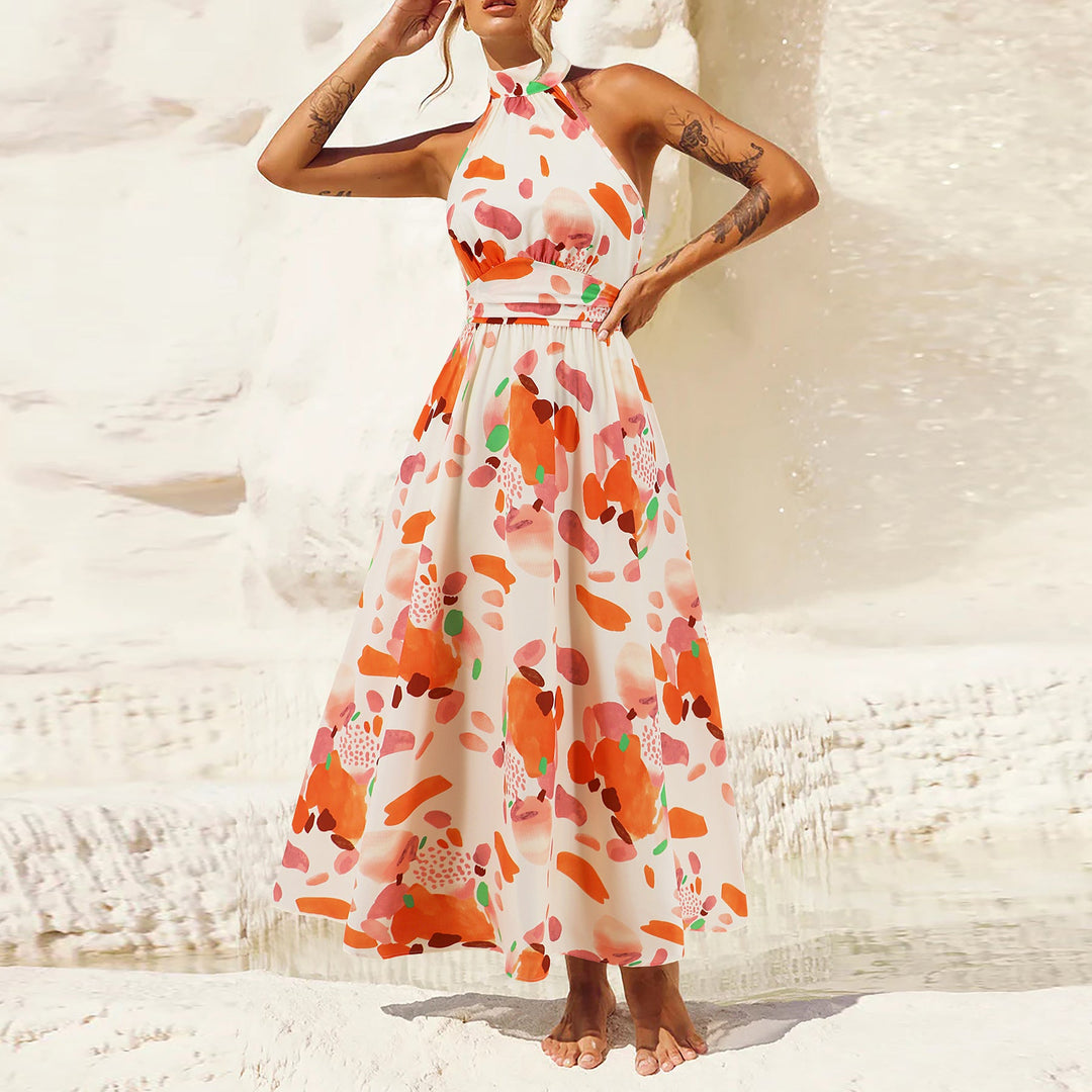Damen Maxikleid mit hochgeschlossenem Kragen und buntem Blätterdruck W&W Mode
