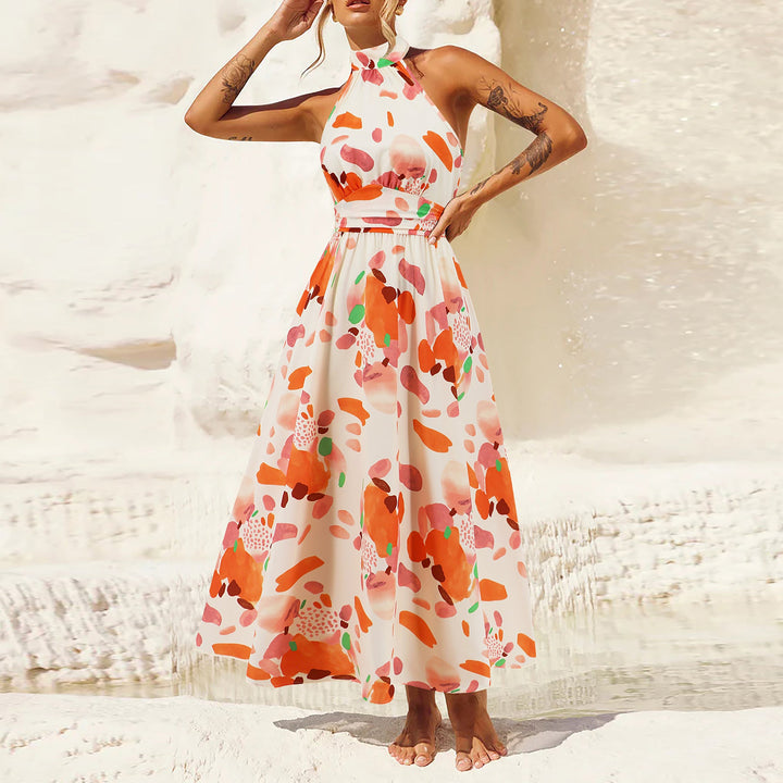 Damen Maxikleid mit hochgeschlossenem Kragen und buntem Blätterdruck W&W Mode