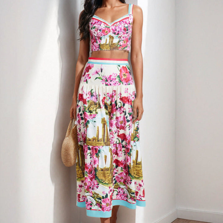 Damen Zweiteiler mit romantischem Cropped-Oberteil und schwingendem Rock W&W Mode
