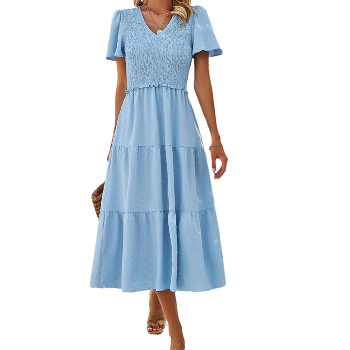 W&W Mode | Lässiges einfarbiges V-Ausschnitt Kurzarmkleid