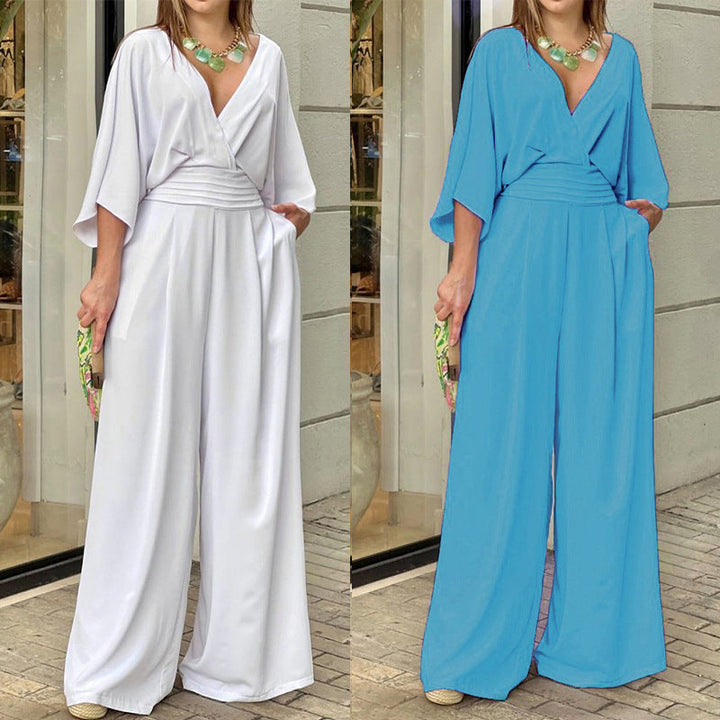 Damen Jumpsuit mit weitem Bein und elegantem Wickeloberteil W&W Mode
