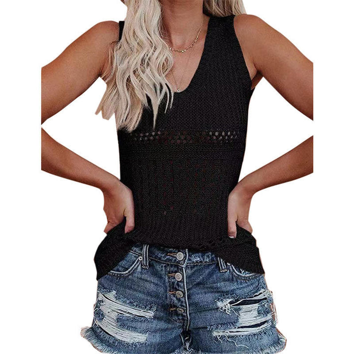 Damen luftiges Stricktop mit V-Ausschnitt und feinen Lochmustern W&W Mode
