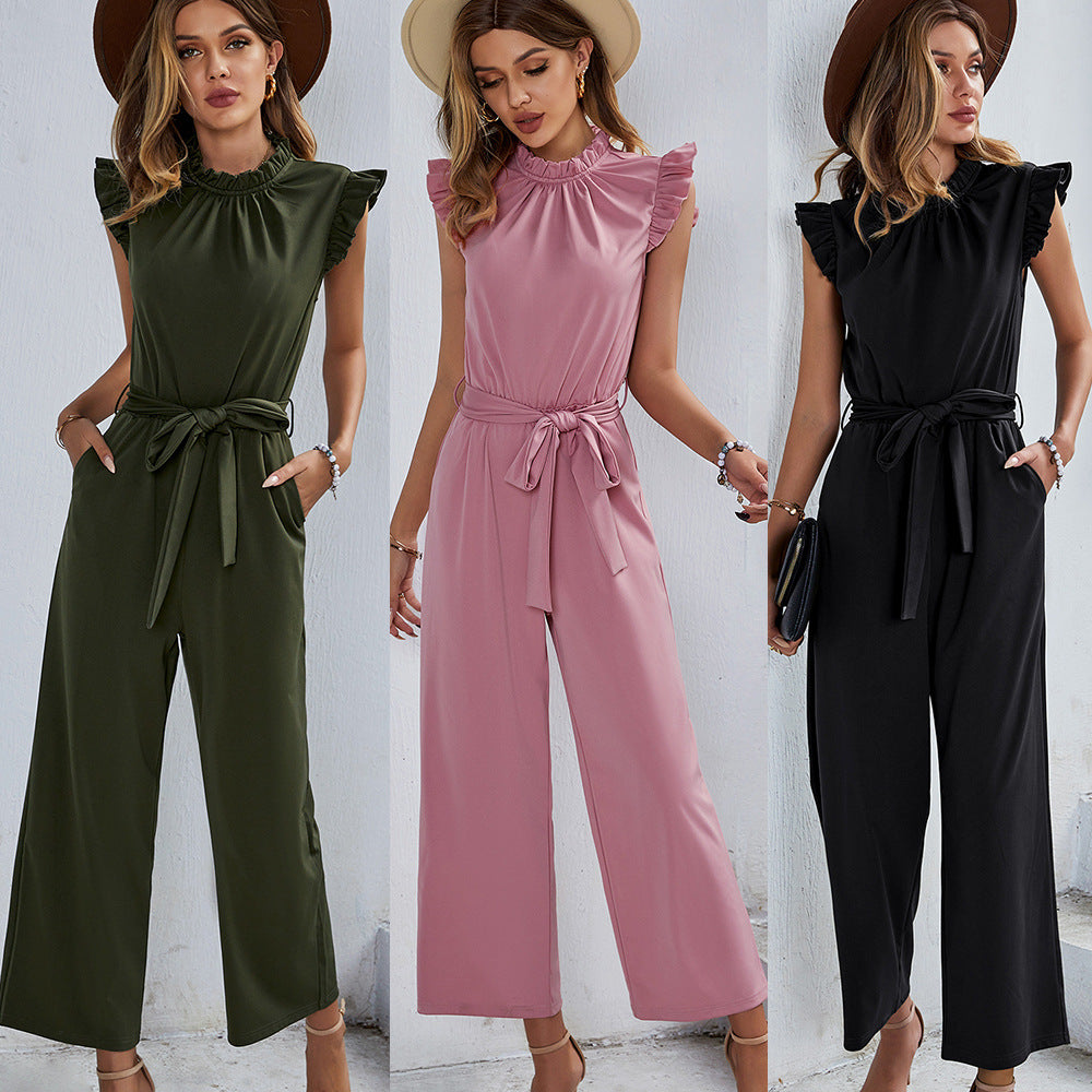 Damen eleganter Jumpsuit mit Rüschendetails und taillierbarem Gürtel W&W Mode