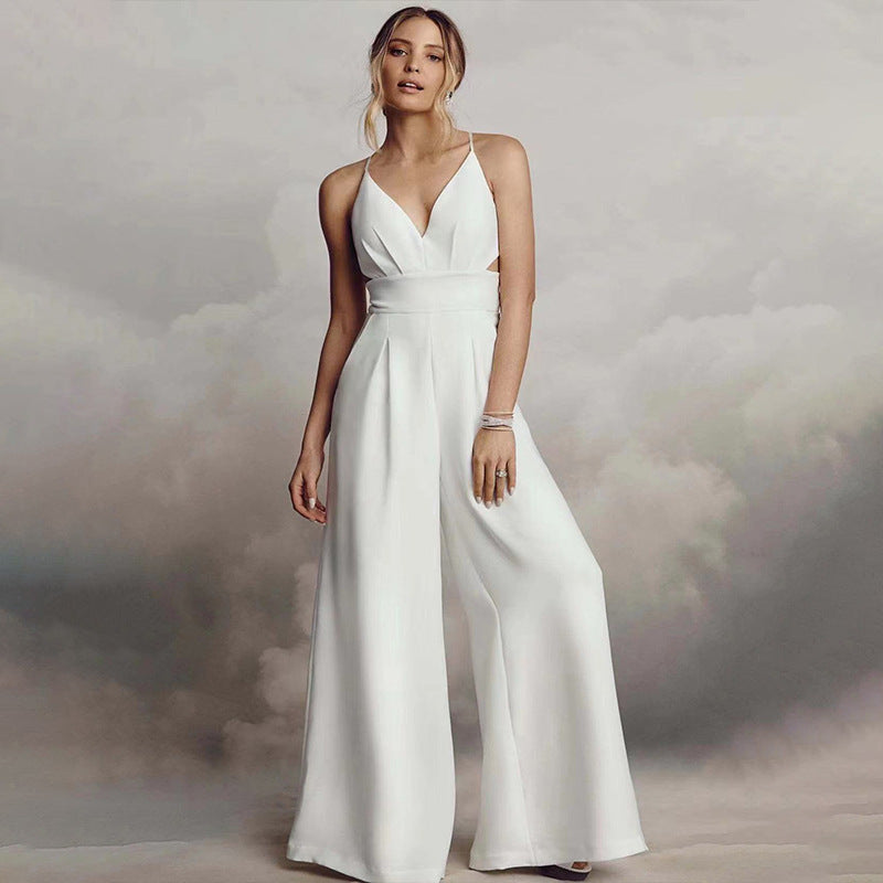 Damen Jumpsuit mit V-Ausschnitt, Spaghettiträgern und weitem Bein