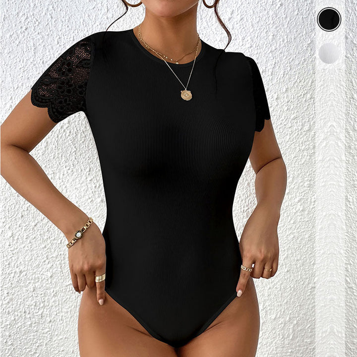 Damen Spitzen-Bodysuit mit kurzen Ärmeln und elegantem Rippdesign W&W Mode