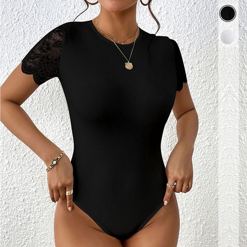 Damen Spitzen-Bodysuit mit kurzen Ärmeln und elegantem Rippdesign W&W Mode