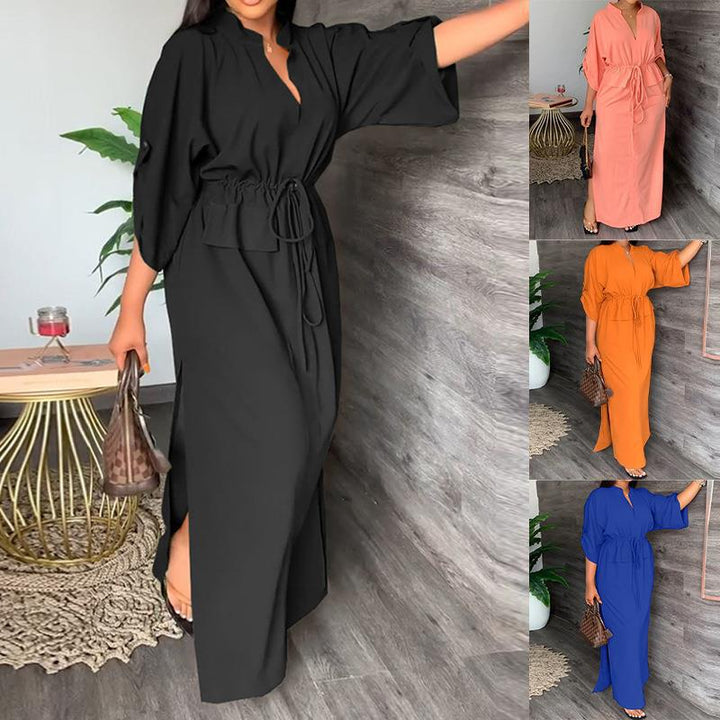 Damen Maxikleid mit Taillierung und offenem Kragen W&W Mode