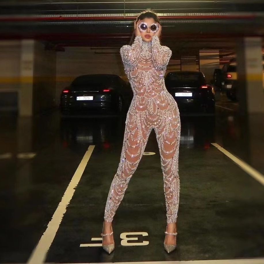 W&W Mode | Figurbetontes durchscheinendes Paillettenkleid Jumpsuit
